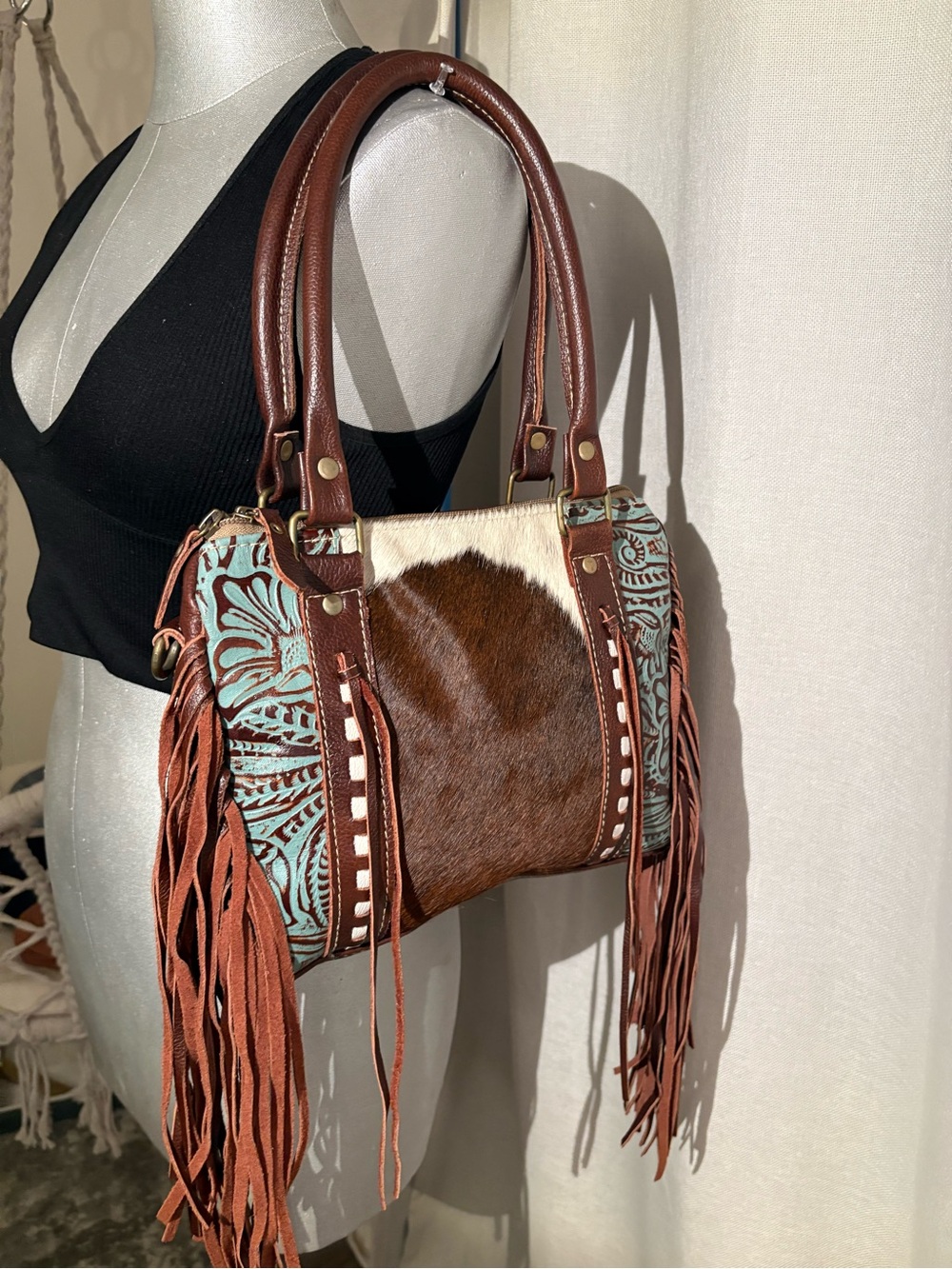 Myra Bag Cowhide Tooled Genui Leather Fringe Satchel Western Boho Bag Purse Med - Picture 13 of 15